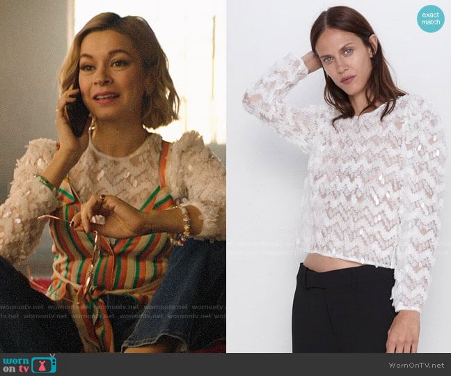 Zara Tulle and Sequin Sweater worn by Pepper Smith (Julia Chan) on Katy Keene