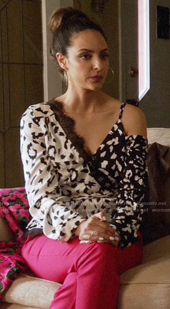 Zari’s black and white leopard print wrap top on Legends of Tomorrow