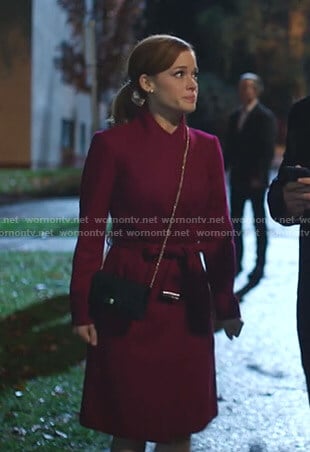 Zoey’s magenta wrap coat on Zoeys Extraordinary Playlist