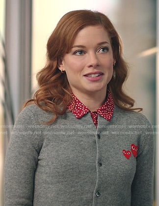 Zoey's grey cardigan with heart patches on Zoeys Extraordinary Playlist