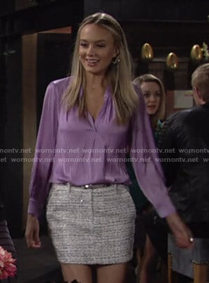 Abby’s lilac v-neck blouse and tweed mini skirt on The Young and the Restless