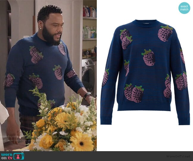 Koray fruit-jacquard sweater by Acne Studios worn by Andre Johnson (Anthony Anderson) on Black-ish