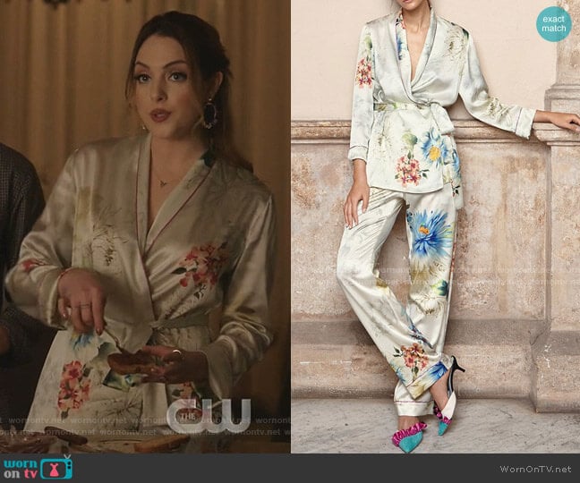 Waldorf Floral Silk Satin Pajama Top and Alessia Pants by Adriana Iglesias worn by Fallon Carrington (Elizabeth Gillies) on Dynasty