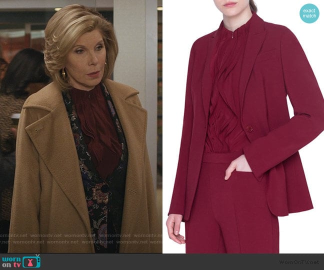 Silk Crewneck Wave-Front Blouse by Akris Punto worn by Diane Lockhart (Christine Baranski) on The Good Fight