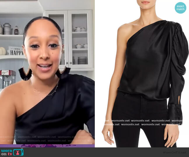 Dakota One-Shoulder Puffed-Sleeve Silk Bodysuit by Alix NYC worn by Tamera Mowry on The Real