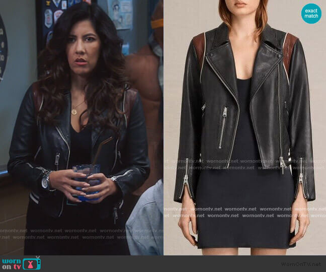 All Saints Panel Balfern Leather Bomber worn by Rosa Diaz (Stephanie Beatriz) on Brooklyn Nine-Nine