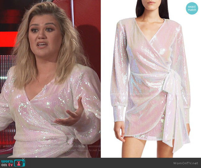 Carly Sequin Mini Wrap Dress by Andamane worn by Kelly Clarkson  on The Voice