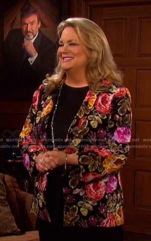Anna's black floral jacket on Days of our Lives