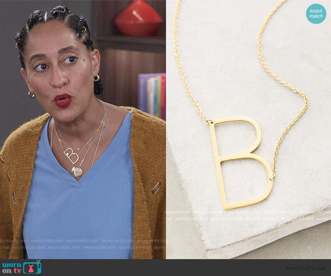 Block Letter Monogram Necklace by Anthropologie worn by Rainbow Johnson (Tracee Ellis Ross) on Black-ish