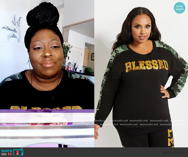 Blessed Camo Sweatshirt by Ashley Stewart worn by Loni Love on The Real