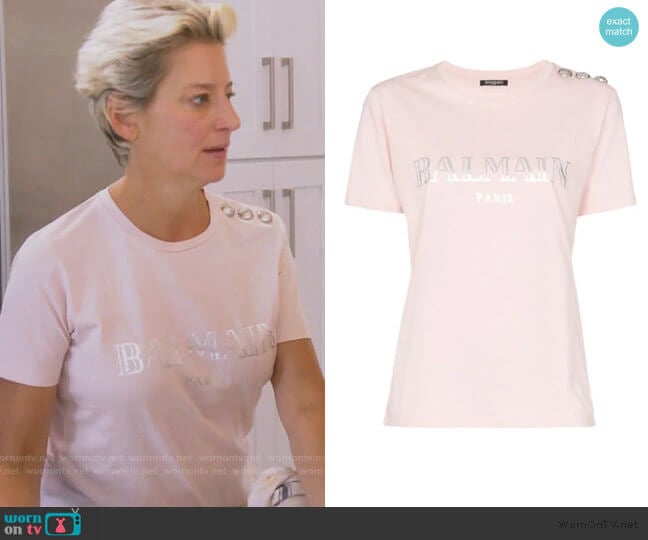 Logo Print Tee by Balmain worn by Dorinda Medley on The Real Housewives of New York City