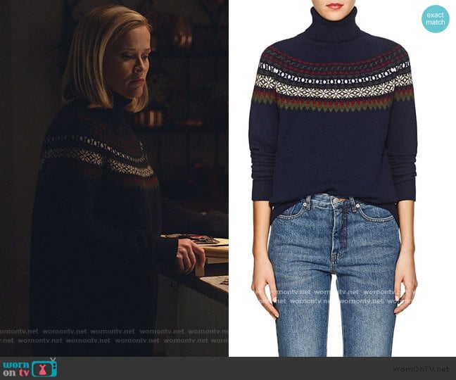 Navy Fair Isle Turtleneck Sweater by Barneys New York worn by Elena Richardson (Reese Witherspoon) on Little Fires Everywhere