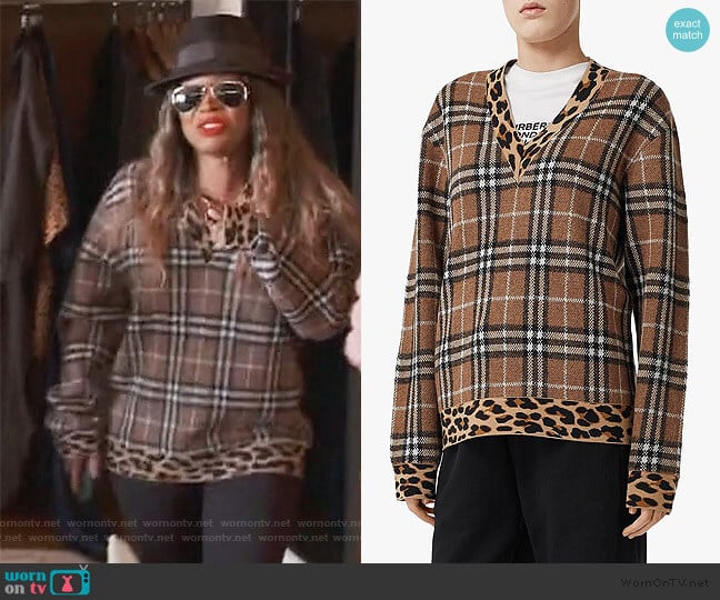 Vintage Checked Leopard Sweater by Burberry worn by Malika Haqq on Keeping up with the Kardashians