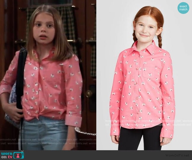 Bee Print Long Sleeve Button-Down Shirt by Cat & Jack worn by Charlotte Cassadine (Scarlett Fernandez) on General Hospital