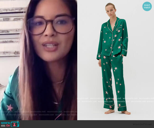 Green Silk Star Pajama Set by Chinti and Parker worn by Olivia Munn on The Talk