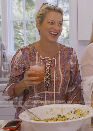 Dorinda’s printed tassel tie tunic on The Real Housewives of New York City