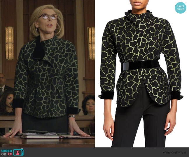 Giraffe print jacket by Emporio Armani worn by Diane Lockhart (Christine Baranski) on The Good Fight