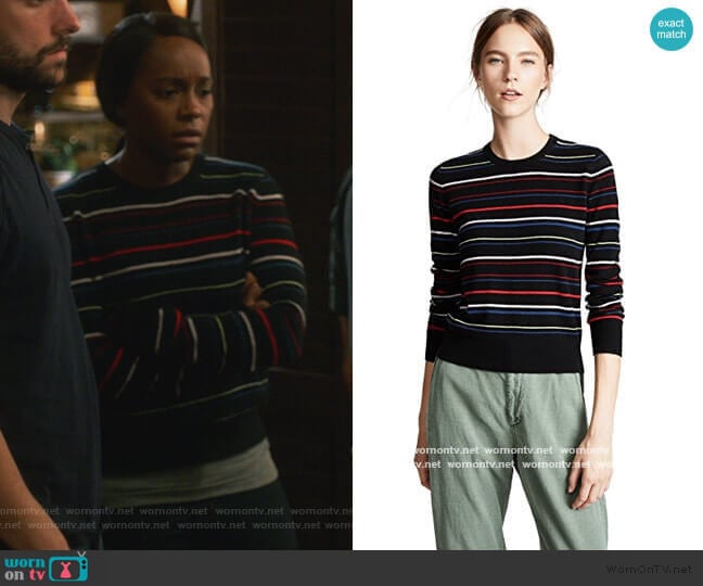 Shirley Stripe Cashmere Sweater by Equipment worn by Michaela Pratt (Aja Naomi King) on How to Get Away with Murder