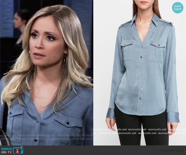 Slim Fit Satin Military Portofino Shirt by Express worn by Lulu Spencer Falconeri (Emme Rylan) on General Hospital