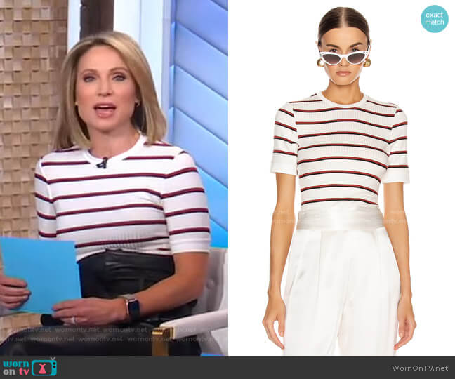 WornOnTV: Amy’s white striped tee and leather pants on Good Morning ...