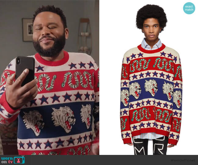 Blue & Red Jacquard Symbols Sweater by Gucci worn by Andre Johnson (Anthony Anderson) on Black-ish