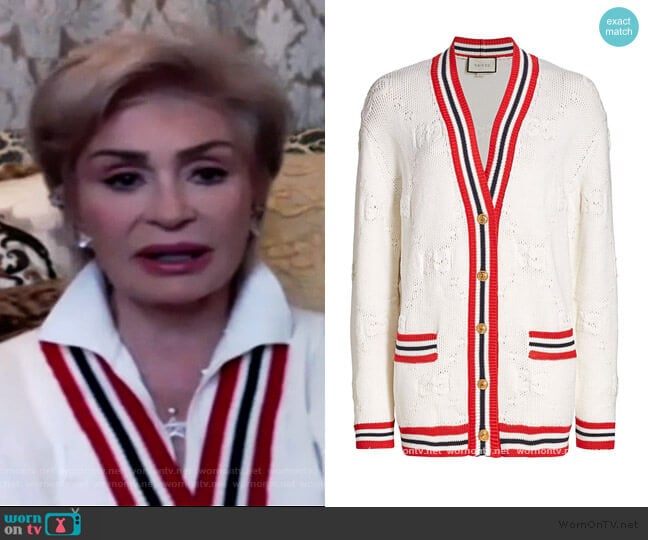 Wool & Silk GG Intarsia V-Neck Cardigan by Gucci worn by Sharon Osbourne on The Talk