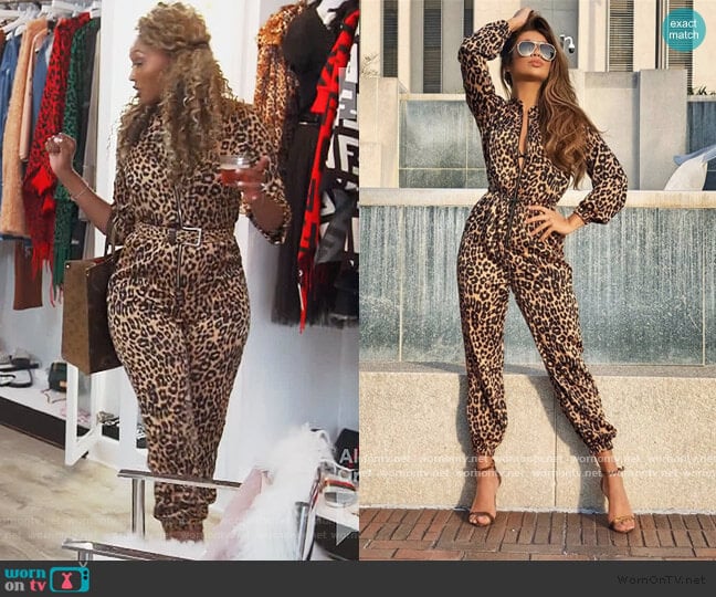 Leopard Print Zipper Drawstring Jumpsuit by Hot Miami Styles worn by Cynthia Bailey on The Real Housewives of Atlanta