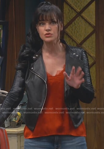 Jackie's orange lace cami and black leather jacket on Broke