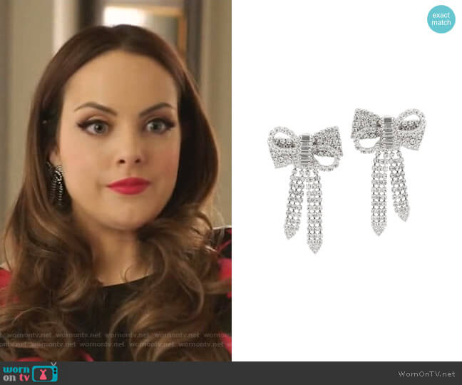 Lola bow earrings by Jennifer Behr worn by Fallon Carrington (Elizabeth Gillies) on Dynasty