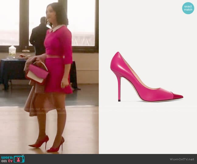 Jimmy Choo Love 100 two-tone matte and patent-leather pumps worn by Katy Keene (Lucy Hale) on Katy Keene