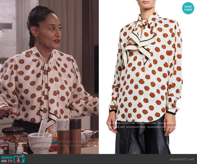 WornOnTV: Rainbow’s white printed tie neck blouse on Black-ish | Tracee ...