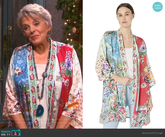 Embroidered Trim Kimono by Johnny Was worn by Julie Olson Williams (Susan Seaforth Hayes) on Days of our Lives