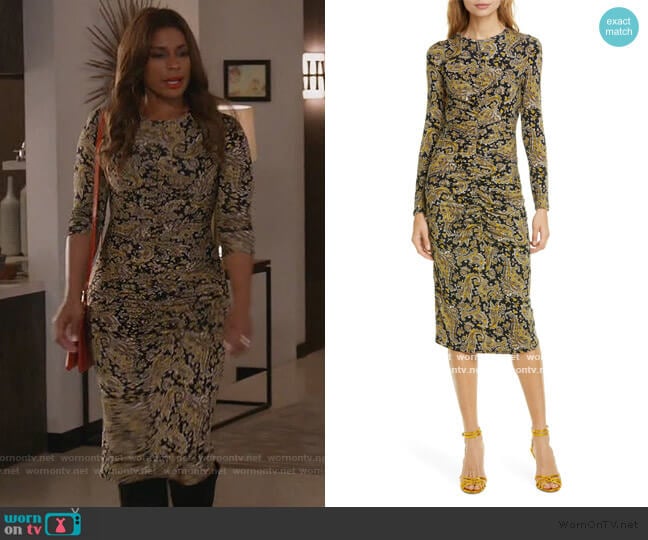 WornOnTV: Poppy’s black paisley ruched dress on Single Parents | Kimrie ...