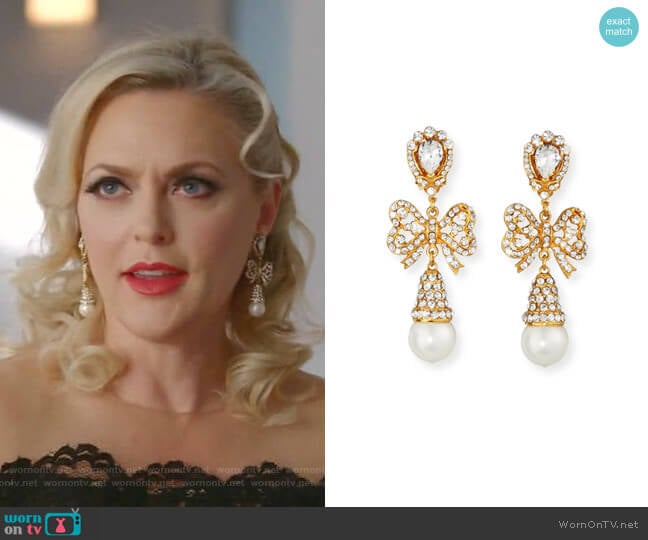 Crystal Bow Pearly Drop Earrings by Jose & Maria Barrera worn by Alexis Carrington (Elaine Hendrix) on Dynasty