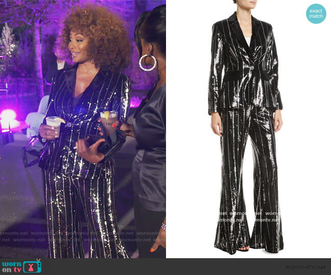 Flared Sequin Striped Blazer and Pants Set by Jovani worn by Cynthia Bailey on The Real Housewives of Atlanta