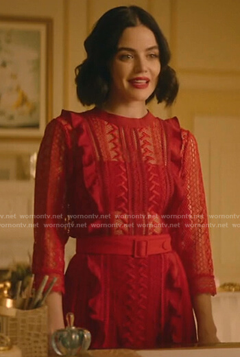 Katy's red ruffle lace dress on Katy Keene