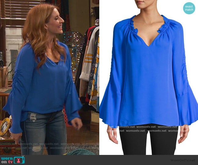 Carolina Ruched Silk Bell-Sleeve Blouse by Kobi Halperin worn by Chelsea Grayson (Anneliese van der Pol) on Ravens Home