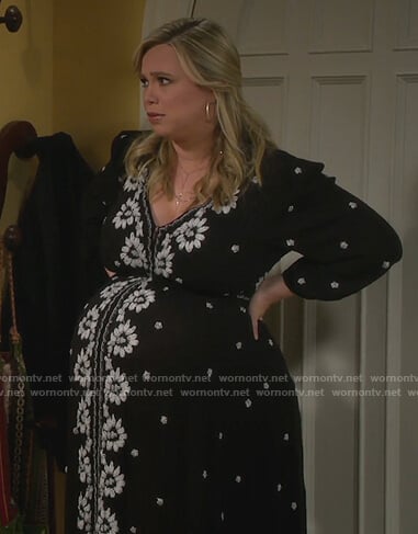 Kristin’s black floral embroidered maxi dress on Last Man Standing