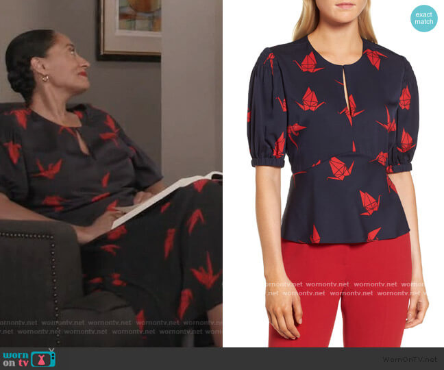 Puffed Sleeve Print Top by Lewit worn by Rainbow Johnson (Tracee Ellis Ross) on Black-ish