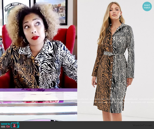 Liquorish midi shirt dress in mixed tiger print by ASOS worn by Amanda Seales on The Real