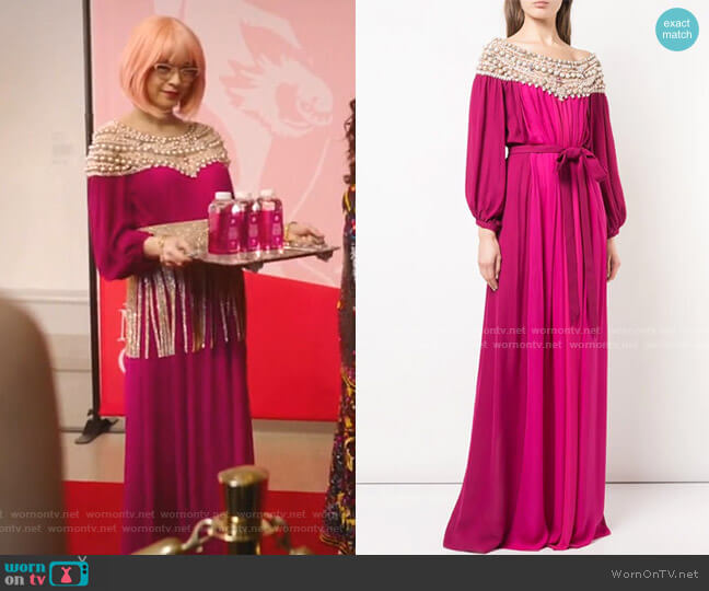 Embellished Neckline Dress by Marchesa worn by Pepper Smith (Julia Chan) on Katy Keene