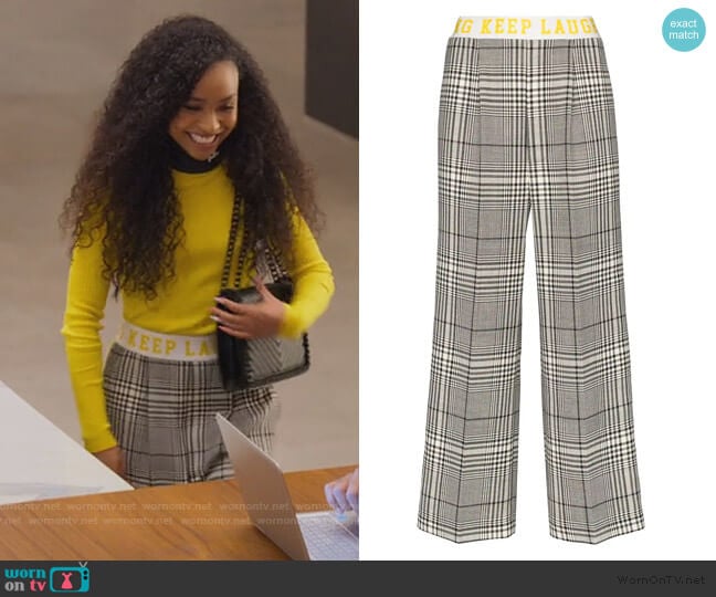 contrast stripe check trousers by Mira Mikati worn by Chloe Barris (Genneya Walton) on BlackAF