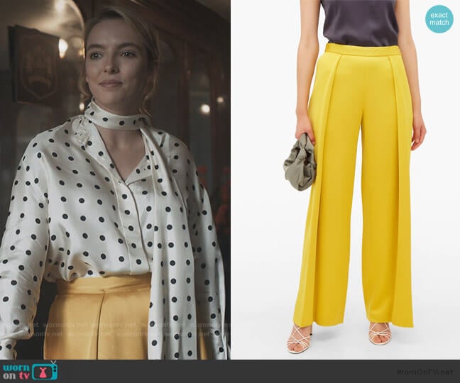 Textured pleat satin trousers by Maison Rabih Kayrouz worn by Villanelle (Jodie Comer) on Killing Eve