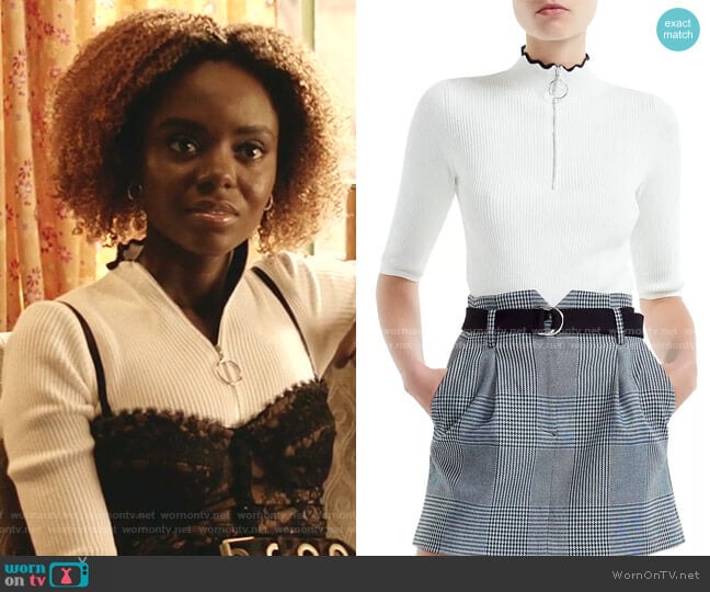 Misty Ribbed Zip-Detail Sweater by Maje worn by Josie McCoy (Ashleigh Murray) on Katy Keene