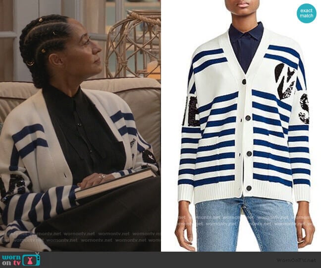 Murmur Striped & Sequined Cardigan by Maje worn by Rainbow Johnson (Tracee Ellis Ross) on Black-ish