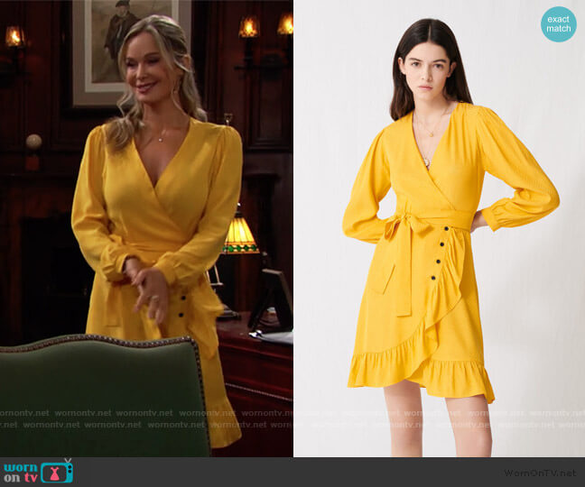 Sunny Yellow Wrap Tie Dress by Maje worn by Donna Logan (Jennifer Gareis) on The Bold and the Beautiful