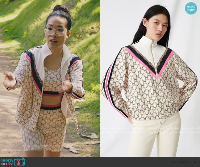 Track Jacket in Monogram by Maje worn by Doris (Ali Wong) on American Housewife