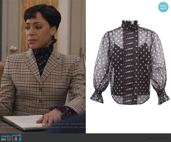 Polka-dot silk-organza blouse by Marc Jacobs worn by Lucca Quinn (Cush Jumbo) on The Good Fight