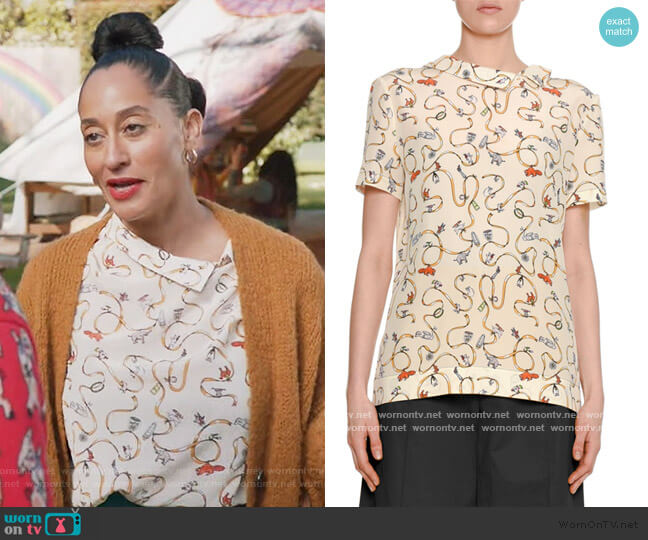 Ribbon & Charm Short-Sleeve Asymmetric-Collar Silk Blouse by Marni worn by Rainbow Johnson (Tracee Ellis Ross) on Black-ish