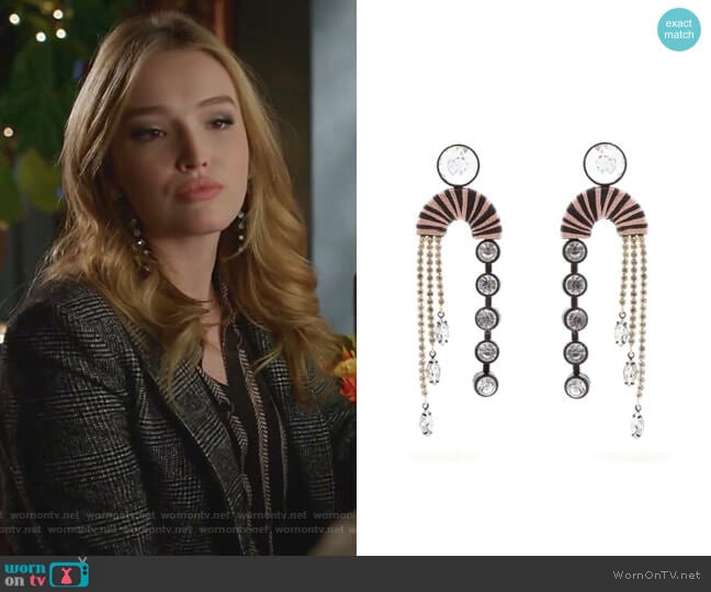 Alpha Crystal-Embellished Drop Earrings by Maryjane Claverol worn by Kirby Anders (Maddison Brown) on Dynasty